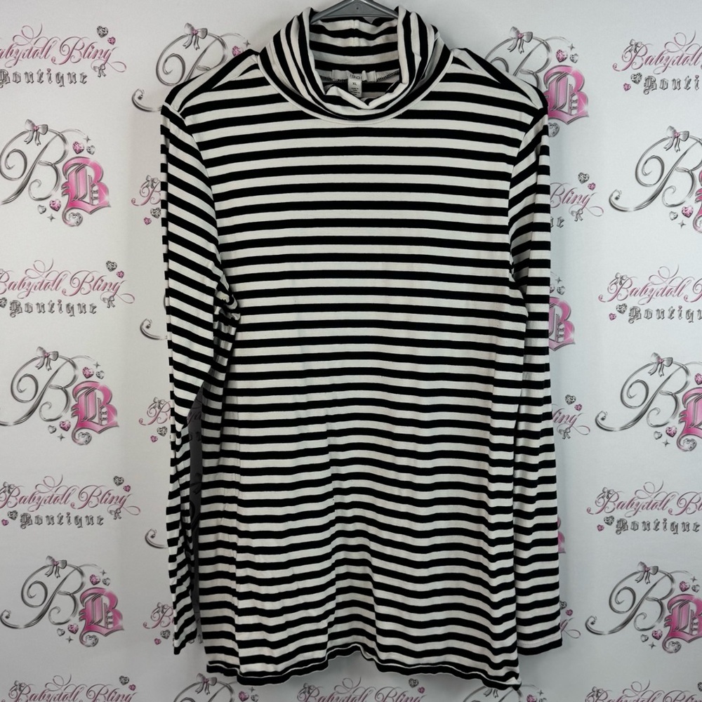 1901 long sleeve black and White Striped Turtleneck Top stretchy classic stretch